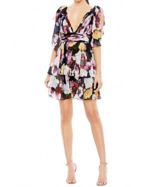 Ieena for Mac Duggal Floral Bow Strap V-Neck Mini Dress - Black