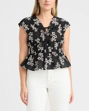 Ellen Tracy Shirred Sleeveless Top With Front Ties - Black