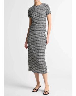 Vince Plaid Grid-Knit Short-Sleeve Crew Neck Top - Gray