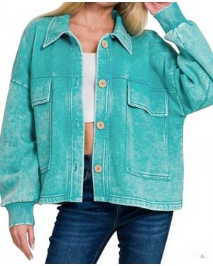 Zenana Acid Wash Fleece Cropped Shacket With Front Pockets - Green