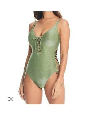 BarIII Shimmer Lace Up One Piece Swimsuit - Green