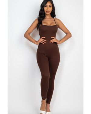 TRUEDAMES Criss-Cross Open Back Bodycon Jumpsuit - Brown