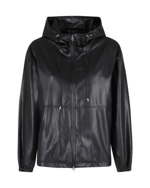 DUNST Leather Windbreaker Drawstring Hooded Polyester Jacket - Black