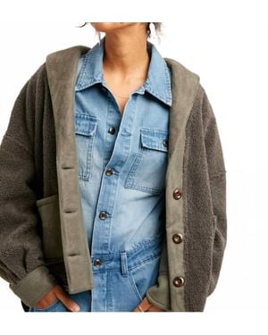Listicle Mixed Fabric Button Down Jacket - Blue