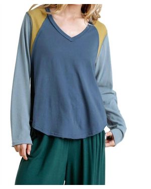 Umgee Color Block Raw Edge Top - Blue