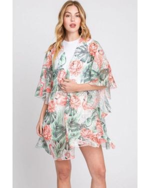 TRUEDAMES Ruffle Lined Tropical Flamingo Print Open Front - Pink