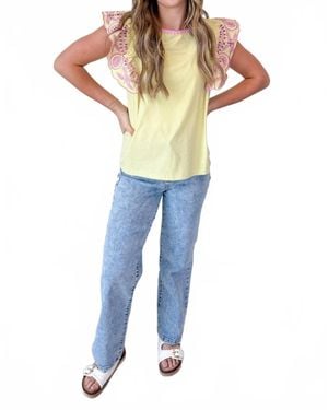 Easel Chartreuse & Orchid Embroider Knit Top - Blue
