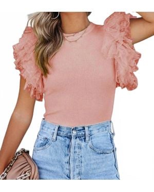 Lovesoft Dotty Mesh Ruffle Sleeve Ribbed Knit Top - Red