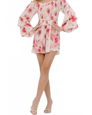 Blue B Floral Off Shoulder Bell Tie Romper - Red