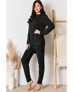 TRUEDAMES Full Size Ribbed Round Neck High-Low Slit Top And Pants Set - Black