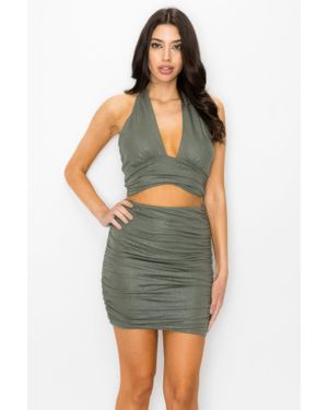 Fashnzfab Glittered Tie Top & Ruching Skirts Set - Green