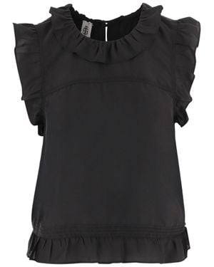 THE GARMENT Silk Top With Round Neckline And Ruffled Edges - Black