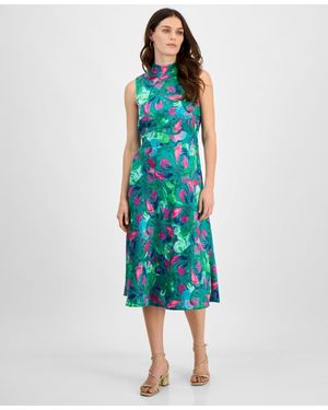 Tahari Asl Midi Dress Jade Rose Printed Mock Neck Sleeveless Fts1130 - Blue