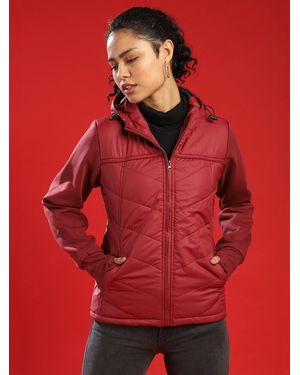 Campus Sutra Solid Stylish Casual Bomber Jacket - Red