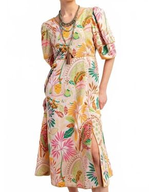 Gigio Contrast Binding Printed Midi Dress - Natural