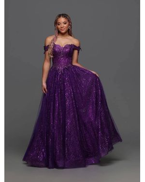 Candice A Line Glitter Tulle Lace Prom Dress - Purple