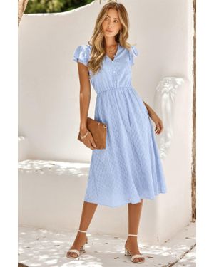 TRUEDAMES V Neck Short Sleeve Solid Ruffle A Line Midi Dress - Blue