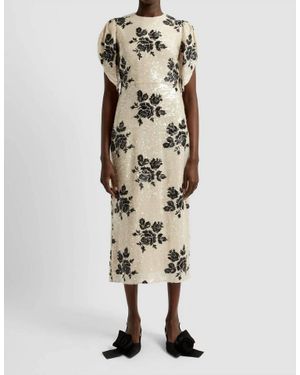 Erdem Short Sleeve Floral Sequined Pencil Dress - Natural