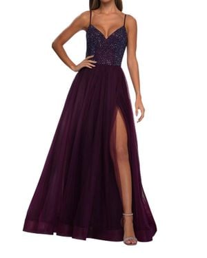 La Femme A-Line Rhinestone Embellished Bodice Prom Dress - Purple