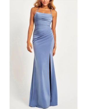Faviana Matte Satin Maxi Dress With Gathered Side And Lace-Up Back - Blue