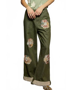 Pol Charleston Wide Leg Denim Daisy Patchwork Cuff Jeans - Green