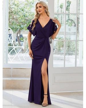 Ever Pretty Deep V-Neck High Split Evening Dress - Blue