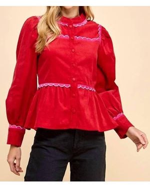 TCEC Corduroy Scallop Detail Button Up Top - Red