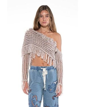 TRUEDAMES Fringe One-Shoulder Macrame Crop Top - Blue