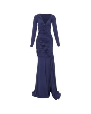 Donna Karan Cold Shoulder Lunge Neck Draped Grecian Gown Dress - Blue