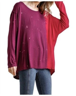 Umgee Contrast Color Raw Edge Long Sleeve Top - Red