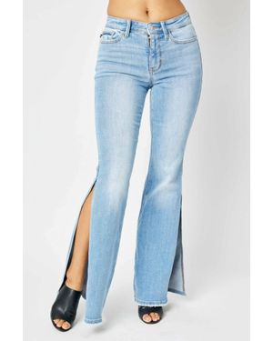 Judy Blue Mid-Rise Peak-A-Boot Hem Slit Flare Jeans - Blue