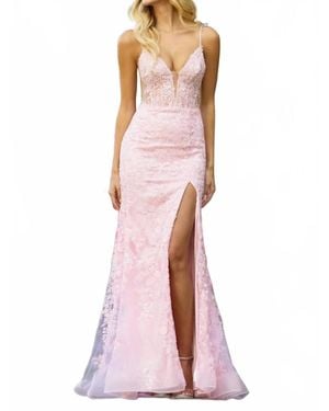 Sherri Hill Fitted Lace Gown With Sheer Corset Bodice - Pink