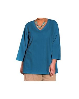 On The Plus Side Crinkle Cotton Long Sleeve Tunic - Blue