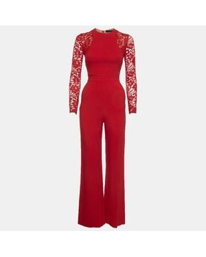 Elie Saab Stretch Knit And Lace Long Sleeve Jumpsuit - Red