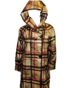 Angel Plaid Side Button Long Hooded Rain Jacket - Metallic