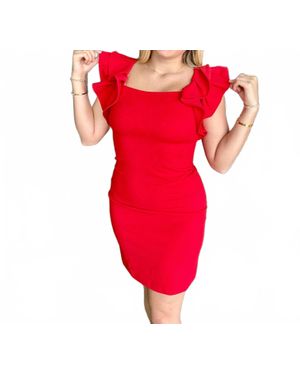 She + Sky Ruffled Sleeve Heavy Knit Square Neck Mini Dress - Red