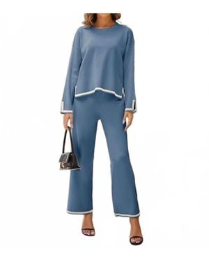 Faire Round Neck Sweater Top And Pants Two Piece Set - Blue