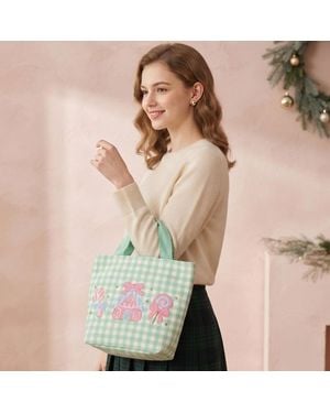 Fashnzfab Christmas Candy Cane Embroidered Checkered Pattern Quilted Shoulder Tote Bag - Natural