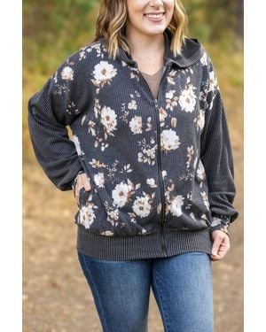 Michelle Mae Ramona Ribbed Floral Zip Up Hooded Bomber Jacket - Blue