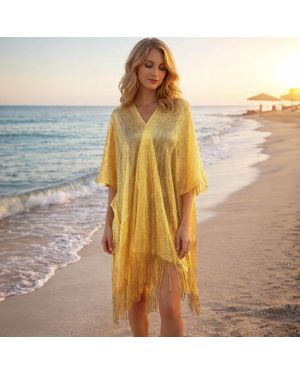TRUEDAMES Lightweight Metallic Fringe Flowing Kimono Cover Up - Yellow