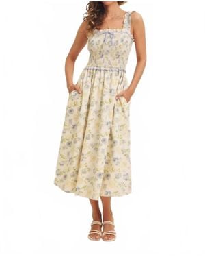 In February Lovely Floral Smocked Midi Dress With Bow - Natural
