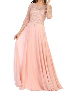 May Queen Couture Applique Long Sleeve A-Line Dress - Pink