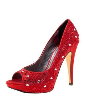 Gina Satin Crystal Embellished Peep Toe Platform Pumps - Red