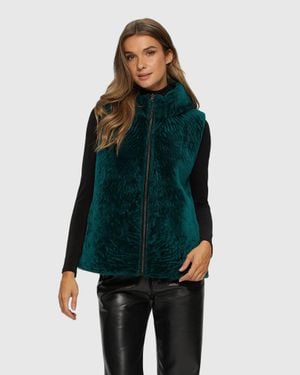 Gorski Shearling Lamb Zip Vest Hooded Reversible To Taffeta - Green