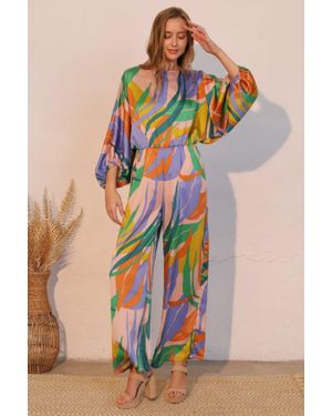 TRUEDAMES Isla Tropical Satin Boat Neck Blouson Jumpsuit - Orange