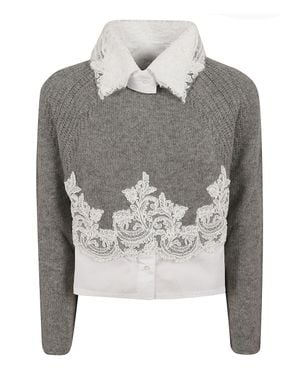 Ermanno Scervino Cashmere Knit Sweater With Lace Trim - Gray