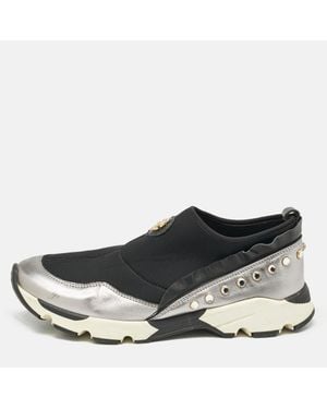 Roberto Cavalli Nylon And Leather Crystal Embellished Slip On Sneakers - Black