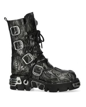 New Rock M-591-C63 Mid-Calf High Steel Leather Metallic Gothic Boots - Black