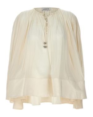 Lanvin V-Neck Wide Blouse With Drawstring Detail - Natural