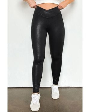 TRUEDAMES Crossed Dip Waist Sleek Leather Leggings - Black